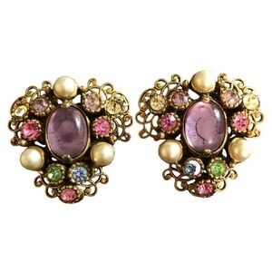 Selro Selini Corp Victorian Edwardian Purple Cab Pearl Filigree Clip On Earrings